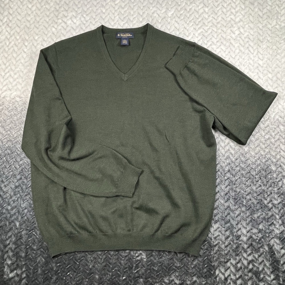 Brooks Brothers Sweater Mens XL Olive Green Merino Wool Blend V-Neck Pullover